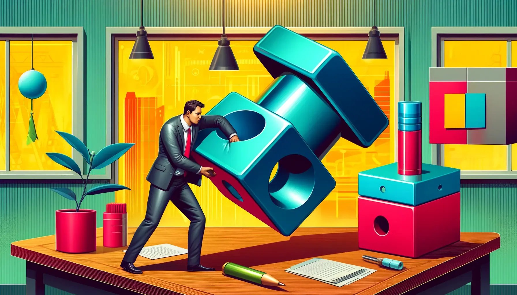 DALL·E 2024-06-10 11.48.04 - A digital art depiction of a procurement professional in an office setting attempting to squeeze a large, brightly colored square peg into a small, ro