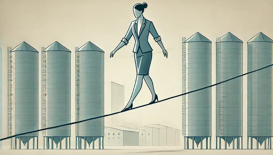 DALL·E 2024-07-31 11.30.29 - A two-dimensional, geometric illustration of a female procurement leader walking a tightrope from one silo to another. The leader is depicted in a sim